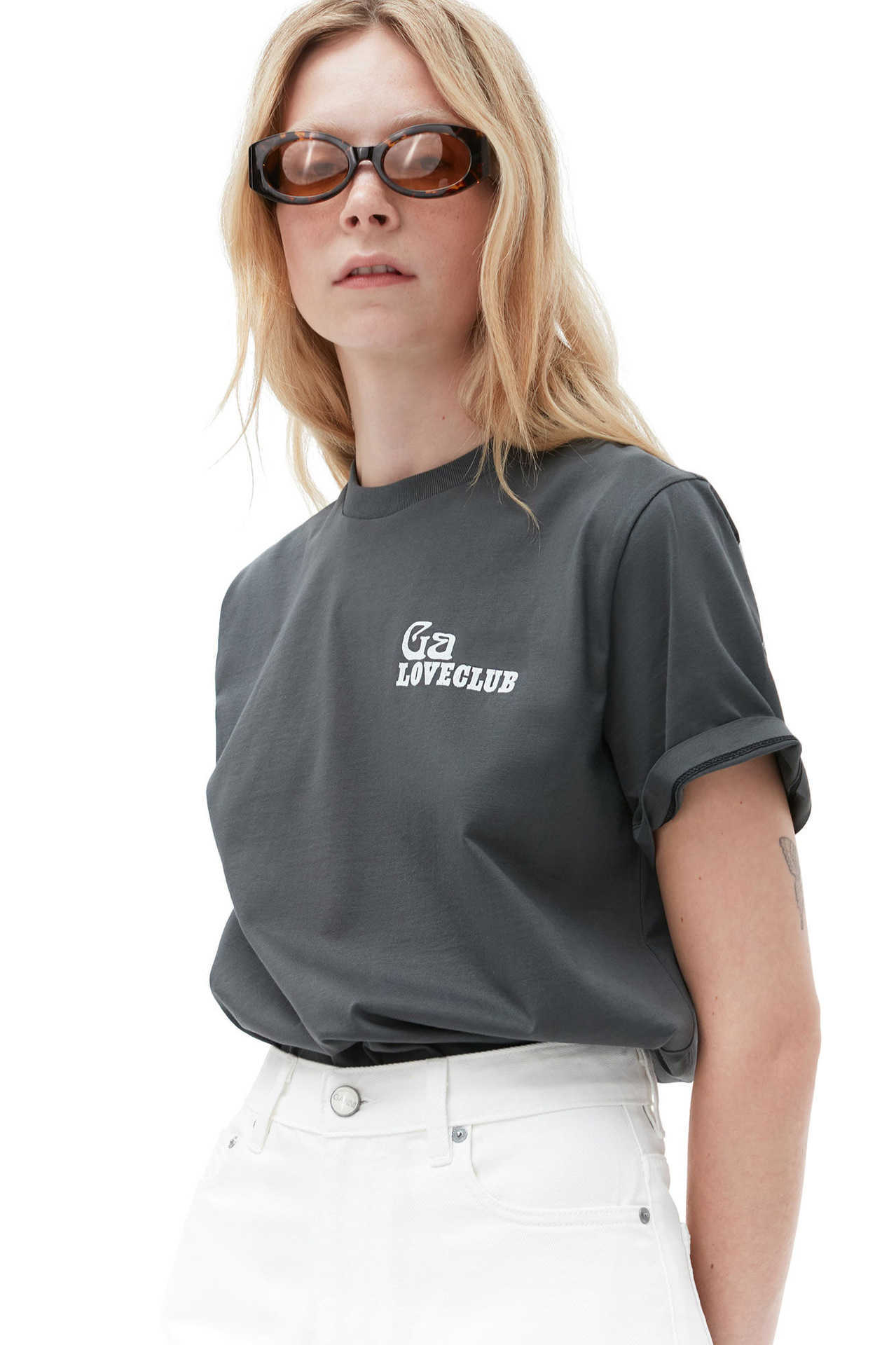 

2023ss Ganni Women Designer T shirtFashion Tops Letter Round Neck Print Creative Commuter Leisure Short Sleeve TeesWomen, Grey (spot)