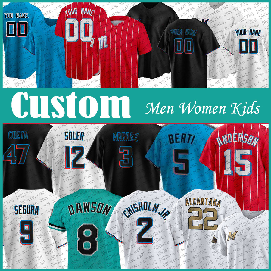 

22 Sandy Alcantara Miami Baseball Jersey Custom Marlins 3 Luis Arraez 2 Jazz Chisholm Jr. 8 Andre Dawson Lewis Brinson Jorge Soler Jean Segura Johnny Cueto Joey Wendle, Shown