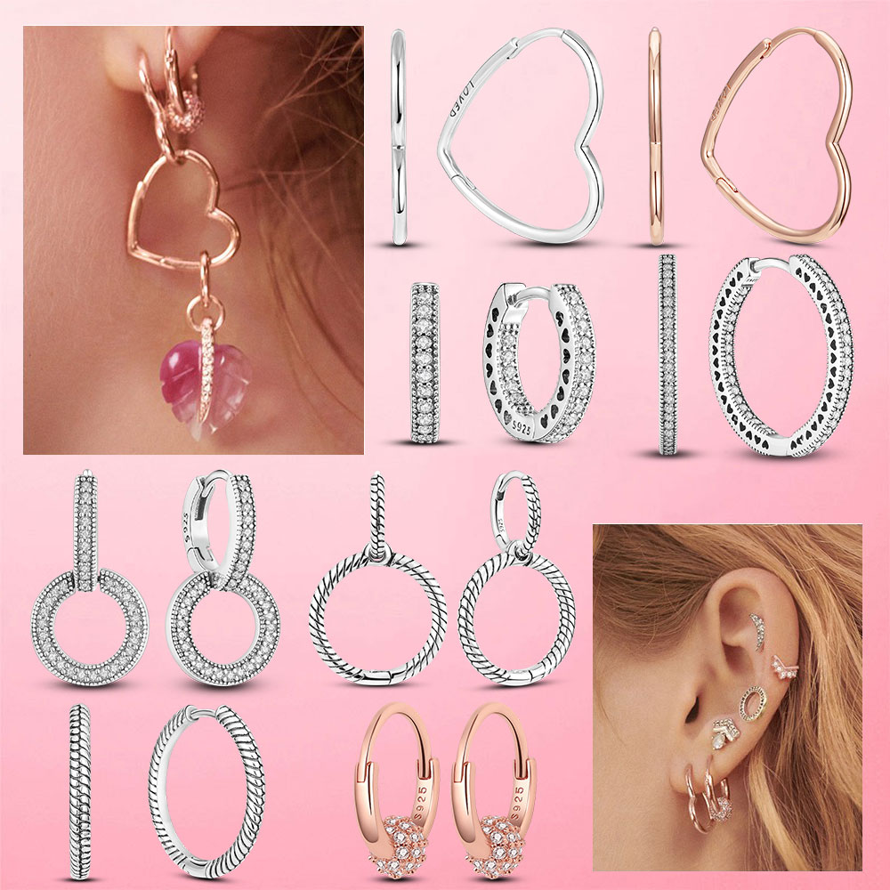 

925 Silver Fit Pandora Earrings Crystal Fashion women Jewelry Gift Ear Studs Gold CZ Zircon Pave Heart Hoop