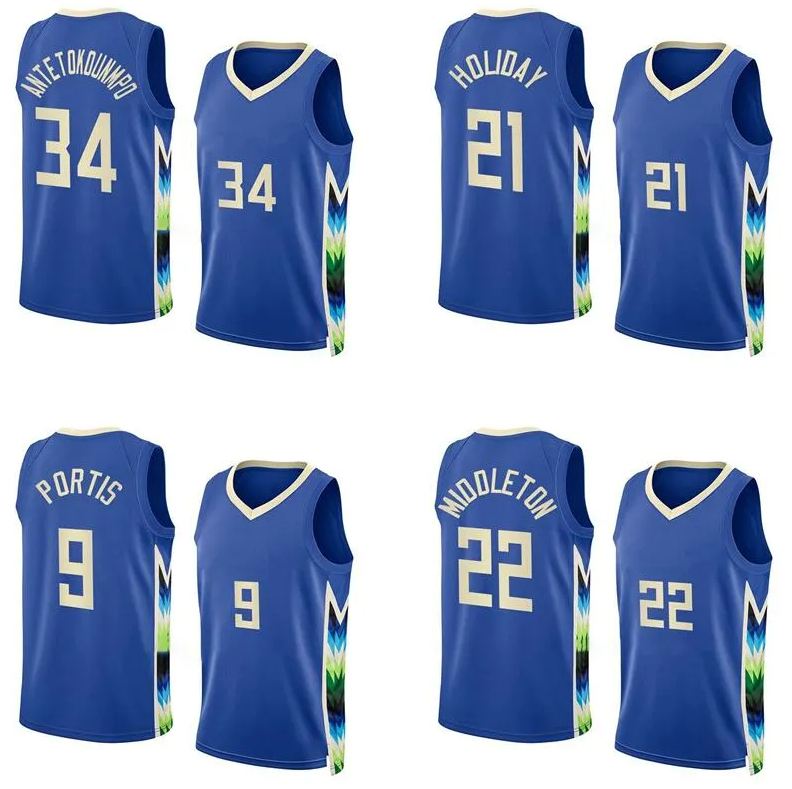 

Basketball jerseys Khris Middleton Giannis Antetokounmpo Jrue Holiday Bobby Portis 2022-23 season blue city versions Men Women Youth S-XXL jersey, With logo