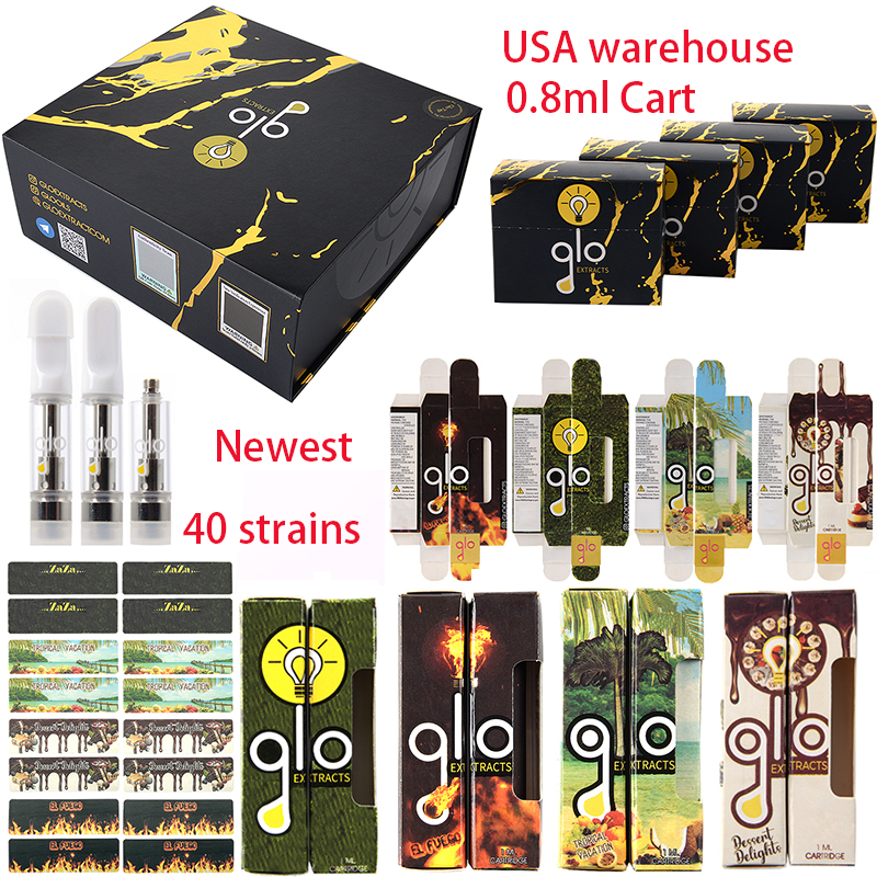 

USA warehouse GLO tap NFC verify Atomizers 40 Strains Available 0.8ml 1ml Empty Carts Glass Tank 510 Thread White Flat Tips Vape Cartridges with NEWEST packaging