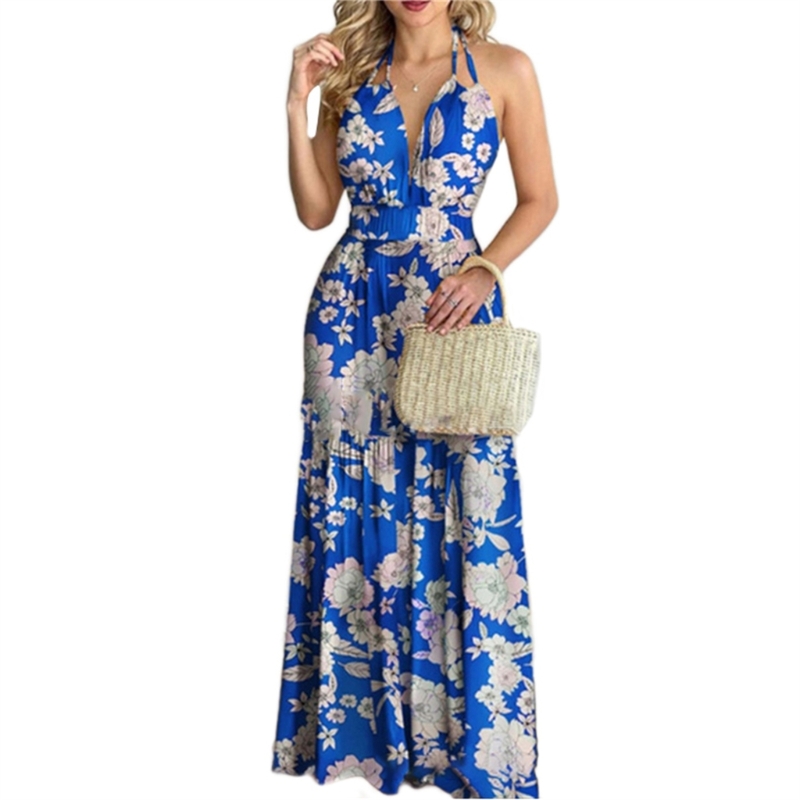 

Womens Floral Print Backless Maxi Dress Halter V Neck Sleeveless Summer Smocked High Waist Swing Long Dresses, Green