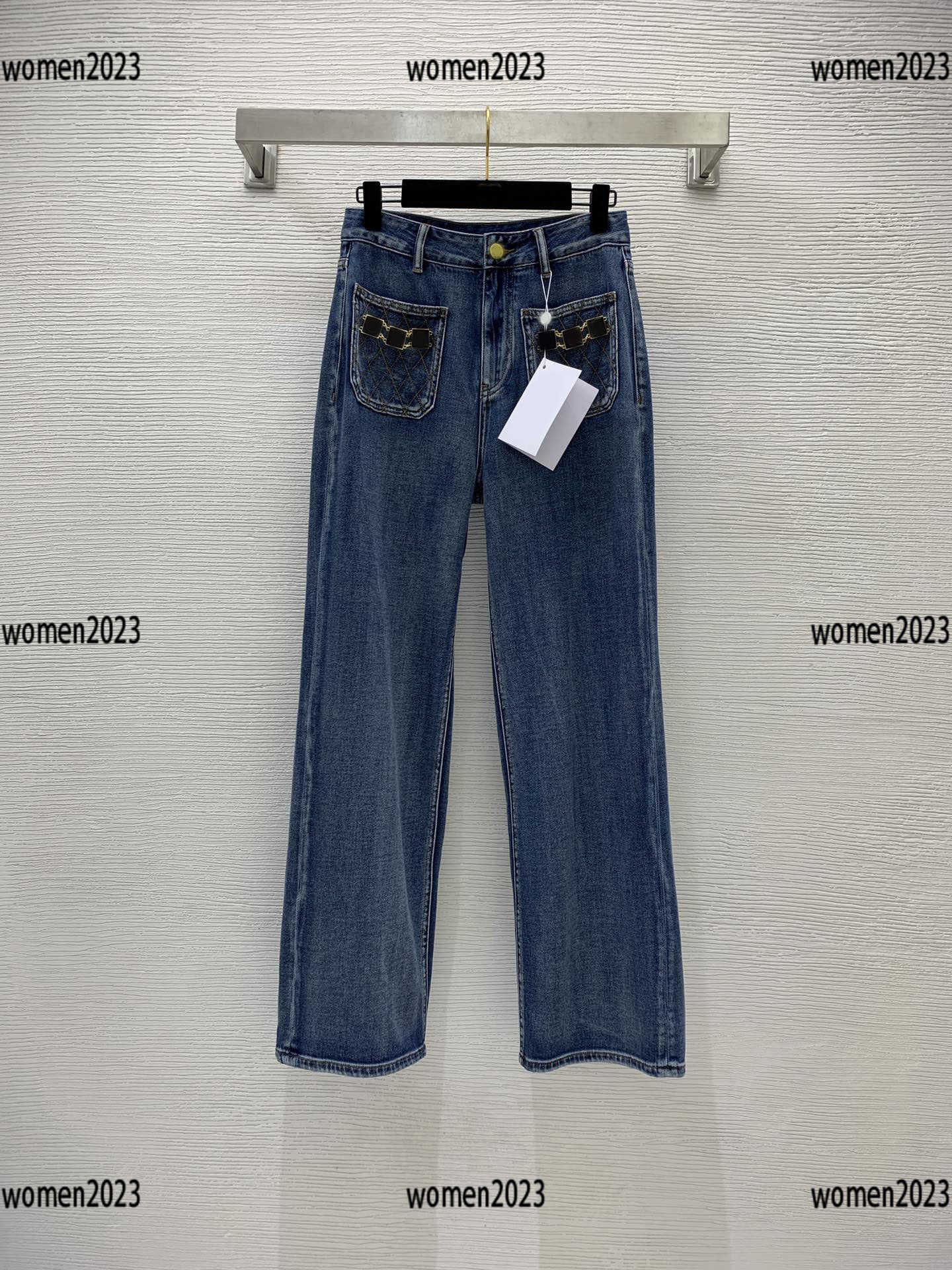 

women jeans lady trousers girl pants Size -30 Rhombus symmetrical pocket Metal chain decoration New Products fashion Mar06, Blue