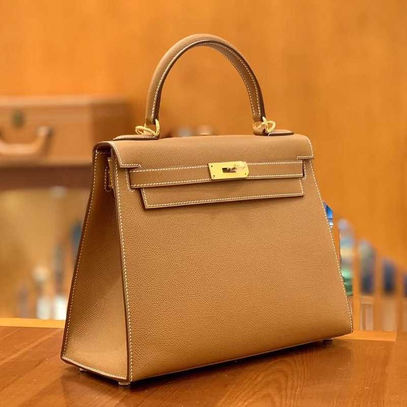 

Kellies Bag Designer Pure Hand Sewn Original Epsom Palmprint Leather Luxury 28 Leather Handbag Gold Brown
