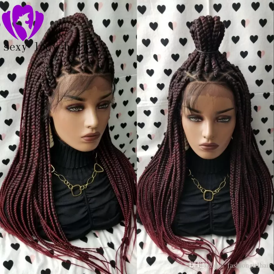 

Free part ombre red color Braided Box Braids Lace Frontal Wig Heat Resistant Hair Long Natural full Braided Wigs For Black Women