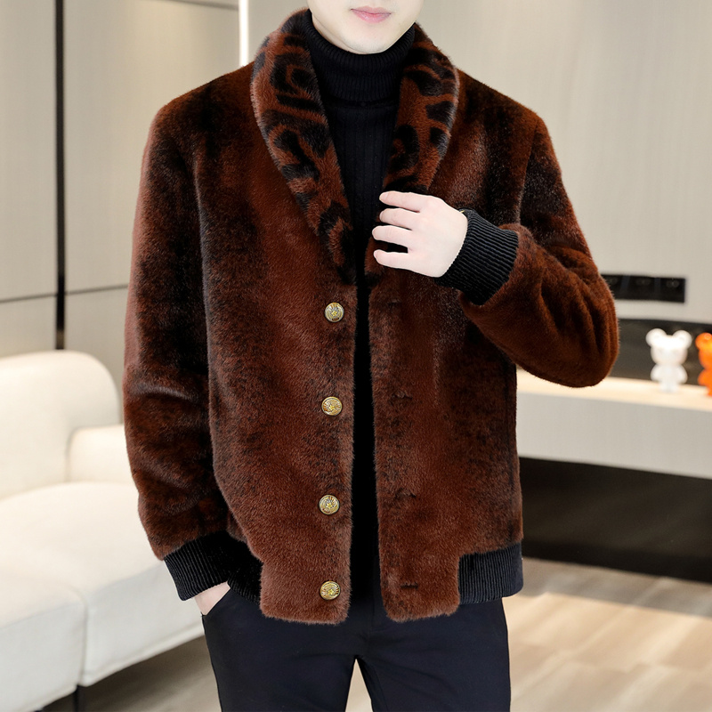 

Plush fluffy leather jacket men's oversized thermal jacket men's contrast lapel panel jacket winter artificial fur mink short brown coat S-4XL