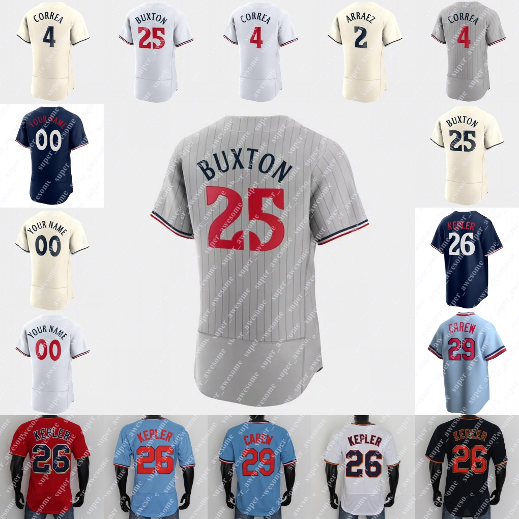

25 Byron Buxton Jersey Carlos Correa Luis Arraez Jose Miranda Jorge Polanco Max Kepler Royce Lewis Jhoan Duran Joe Ryan Joey Gallo Vazquez Joe Mauer Baseball Jerseys, Gray flex base with sleeve patch