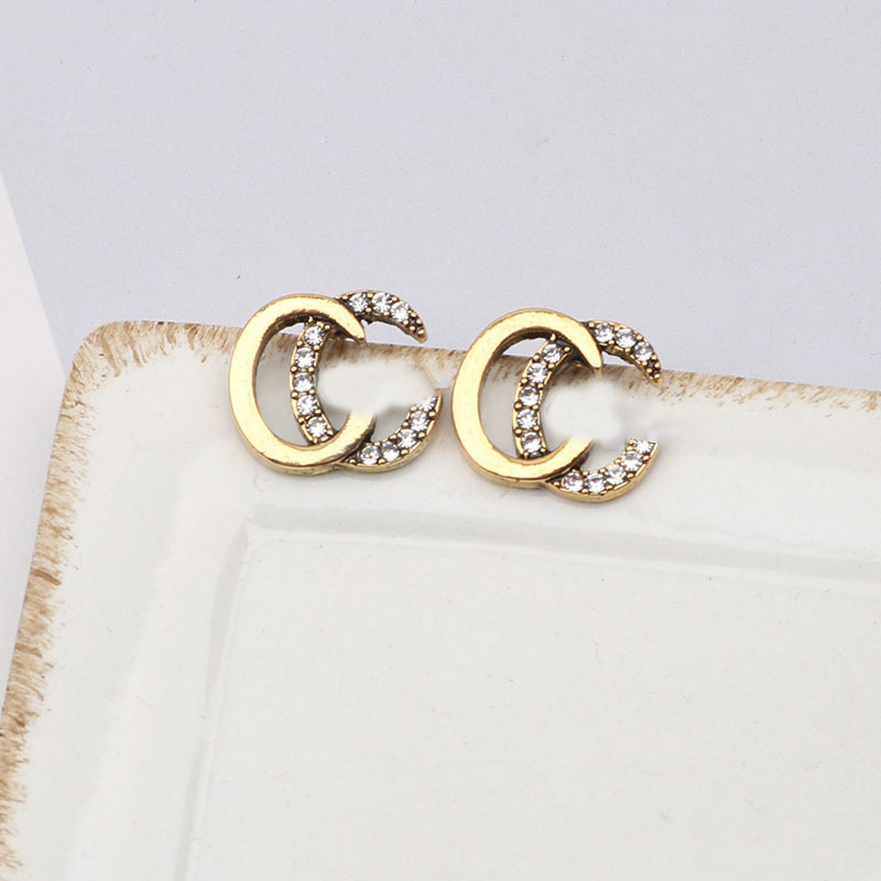 

Fashion Women 18K Gold Plated Metal Designer Ear Stud Earrings Brand Designers Round Geometry G-Letters Crystal Rhinestone Earring Wedding Party Jewerlry 3Style