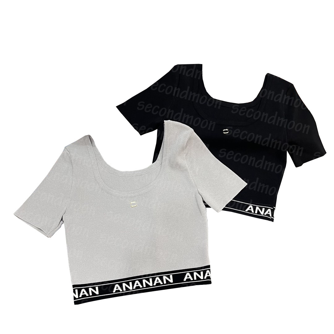 

Women Casual Knits Tee Short Sleeve Knitting Tops Letter Printing Tops Sexy U Neck T Shirts, Black