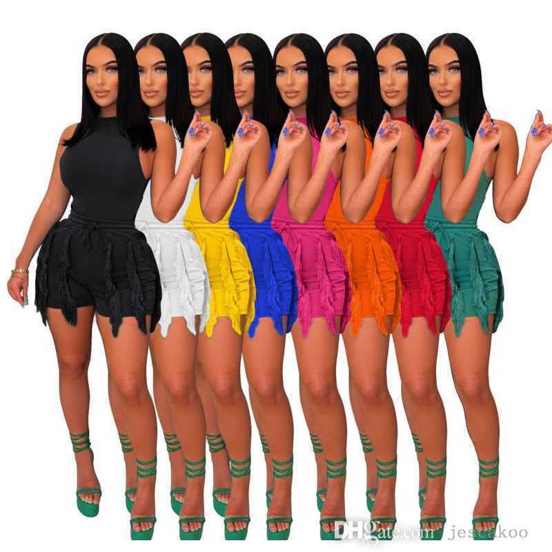 

2023 Summer Designer Womens Clothing Tracksuits Two Piece Set Sexy Tassel Lace Sleeveless Shorts Jumpsuits Outfits, Yellow