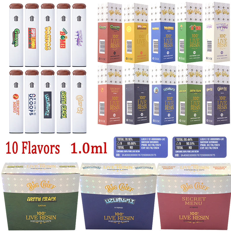 

Big Chief Disposable Vape Pens E Cigarettes 1.0ml 280mah Rechargeable Live Resin Disposables Empty Device Pods 10 Flavors