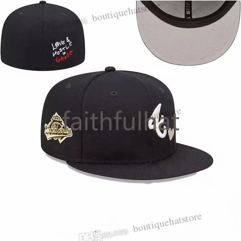 

2023 Men's Baseball Fitted Hats Classic Black Atlanta Sport Full Closed Design Caps Chapeau 1995 Stitch Heart " Series" " Love Hustle Flowers Ma7-01