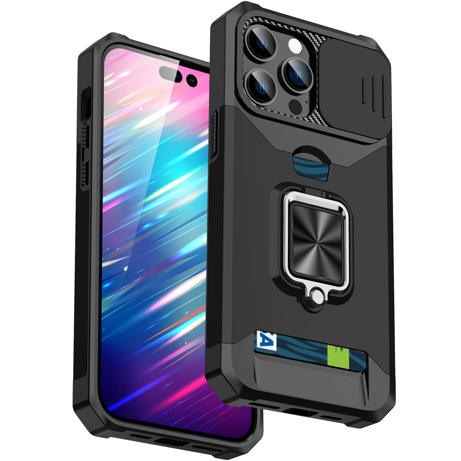 

Camera protection Cases For Iphone 14 13 12 11 XS XR X 8 7 Pro Plus Max Phone Ring Card Slot Shockproof Case Fundas, Black
