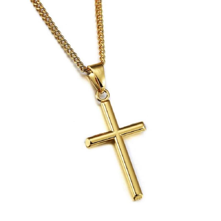 

Fashion Men Charm 18k Gold Cross Pendant Necklace Hip Hop Jewelry Stainless Steel Chain Mens Silver Necklaces For Women Gifts227j