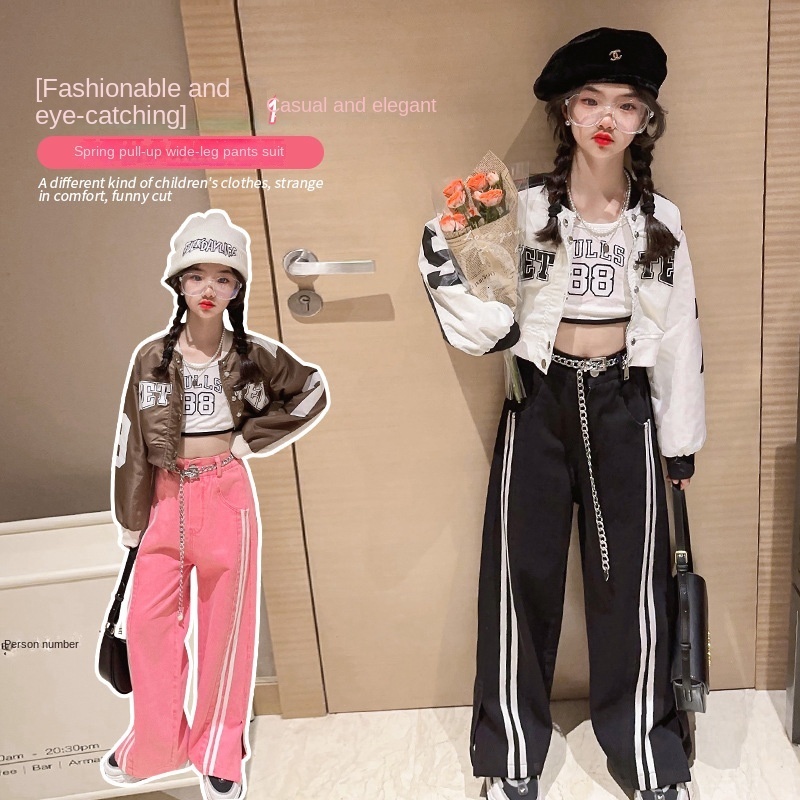Clothing Sets Girls short motorcycle suit Spring and Autumn 2023 style western style high waist wide leg pants two piece set 230307-image-847630871