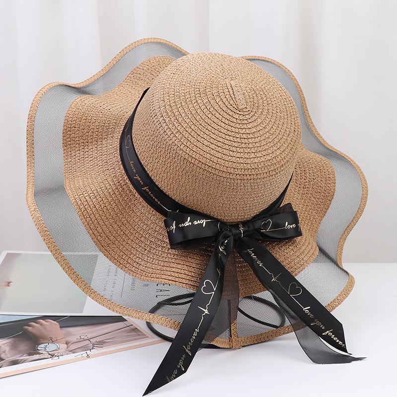 

Wide Brim Hats Summer For Women Fashion Straw Hat Visor Panama Bow Ribbon Beach Sun Top Bucket CapsWide, Black