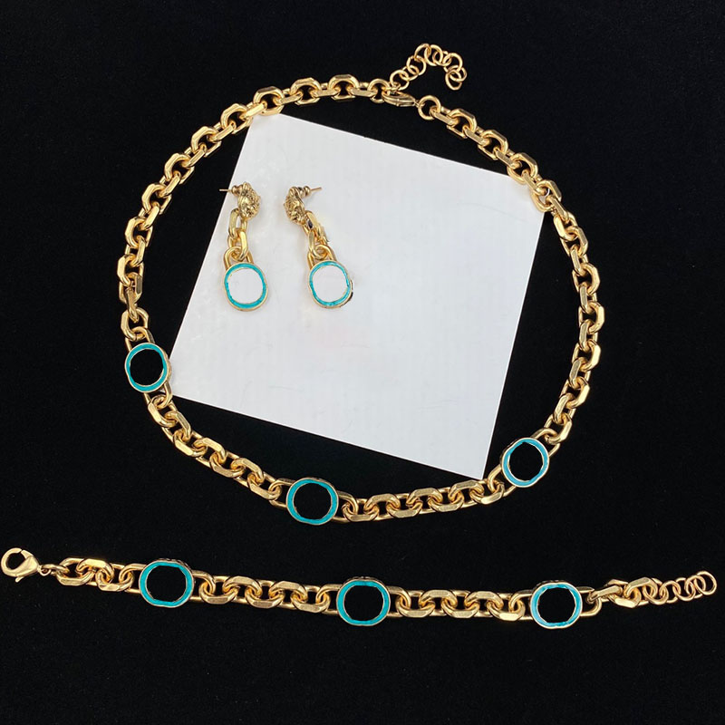 

Blue Gold Contrast Necklaces Women Hollow Ring Charm Short Dangle Eardrop with Box
