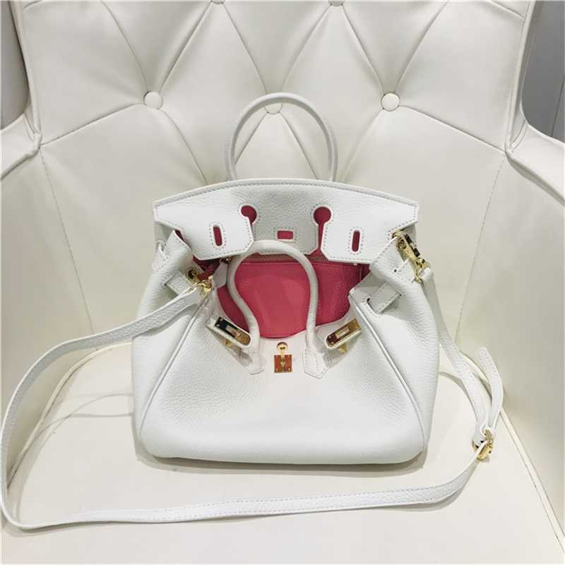 

women handbag birkins new head layer leather contrast bag color matching white powder litchi grain women's Bag Fashion, 20cm white powder
