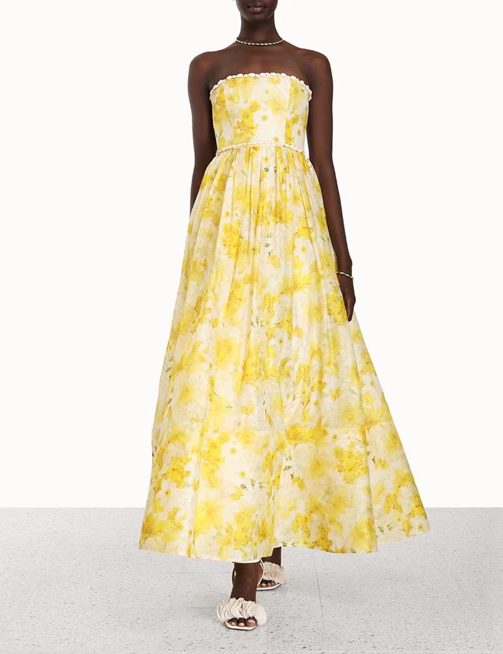 

Casual Dresses 2023 Australian silk hemp flower shell trim strapless dress B, Yellow