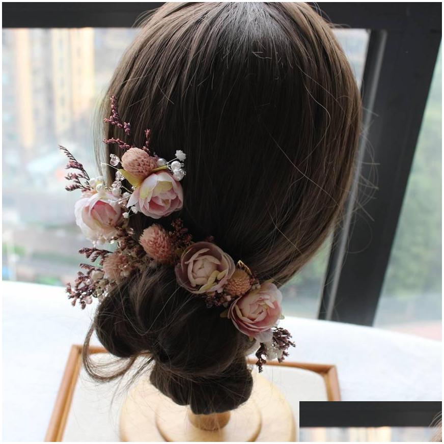 3pcs/set bride mori headdress headpieces dry lace princess bohemian country flower hair pinch set korean bridal wedding jewelry hair accessories