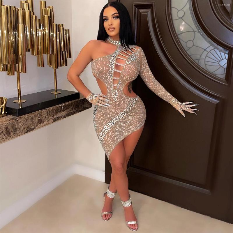 

Casual Dresses 2023 Women' Diamond Rhinestone Hollow Irregular Dress Fashion Long Sleeve Round Sexy Party Pencil Mesh Solid, Black