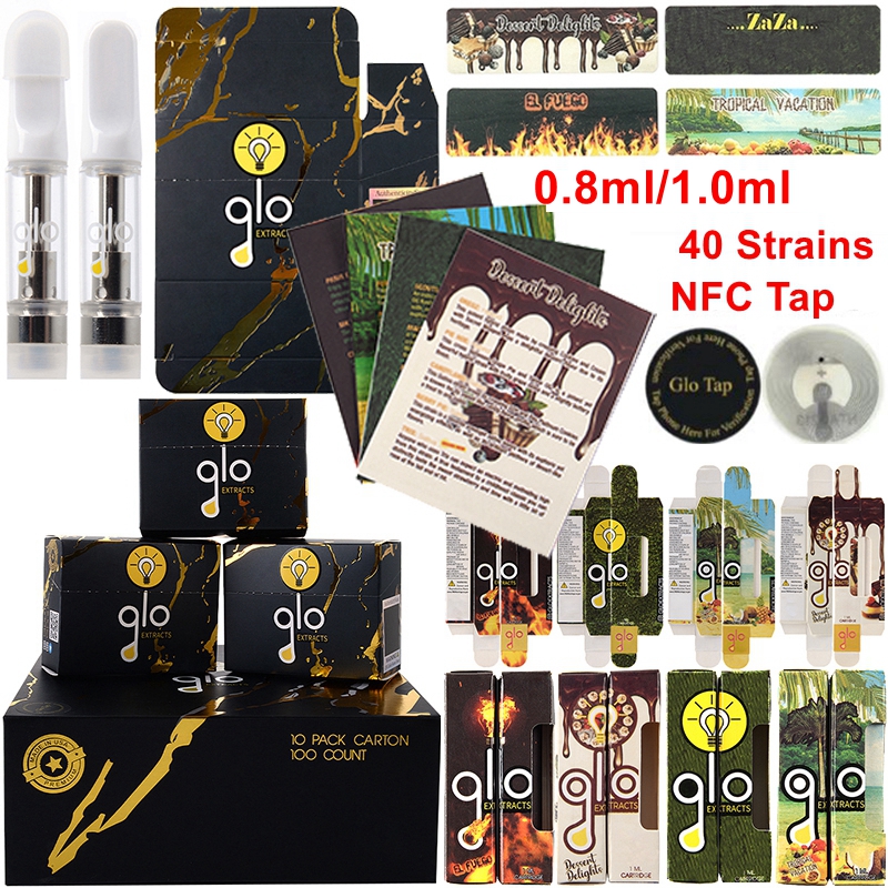 

In Stock NFC Tap 2023 GLO Extracts Vape Cartridges Atomizers 0.8ml 1ml Ceramic Glass Thick Oil Dab Pen Wax Vaporizer Carts E Cigarette 510 Thread Empty 40 Strains