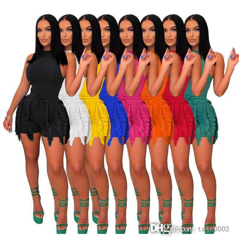 

2023 Summer Designer Womens Clothing Tracksuits Two Piece Set Sexy Tassel Lace Sleeveless Shorts Jumpsuits Outfits, Yellow
