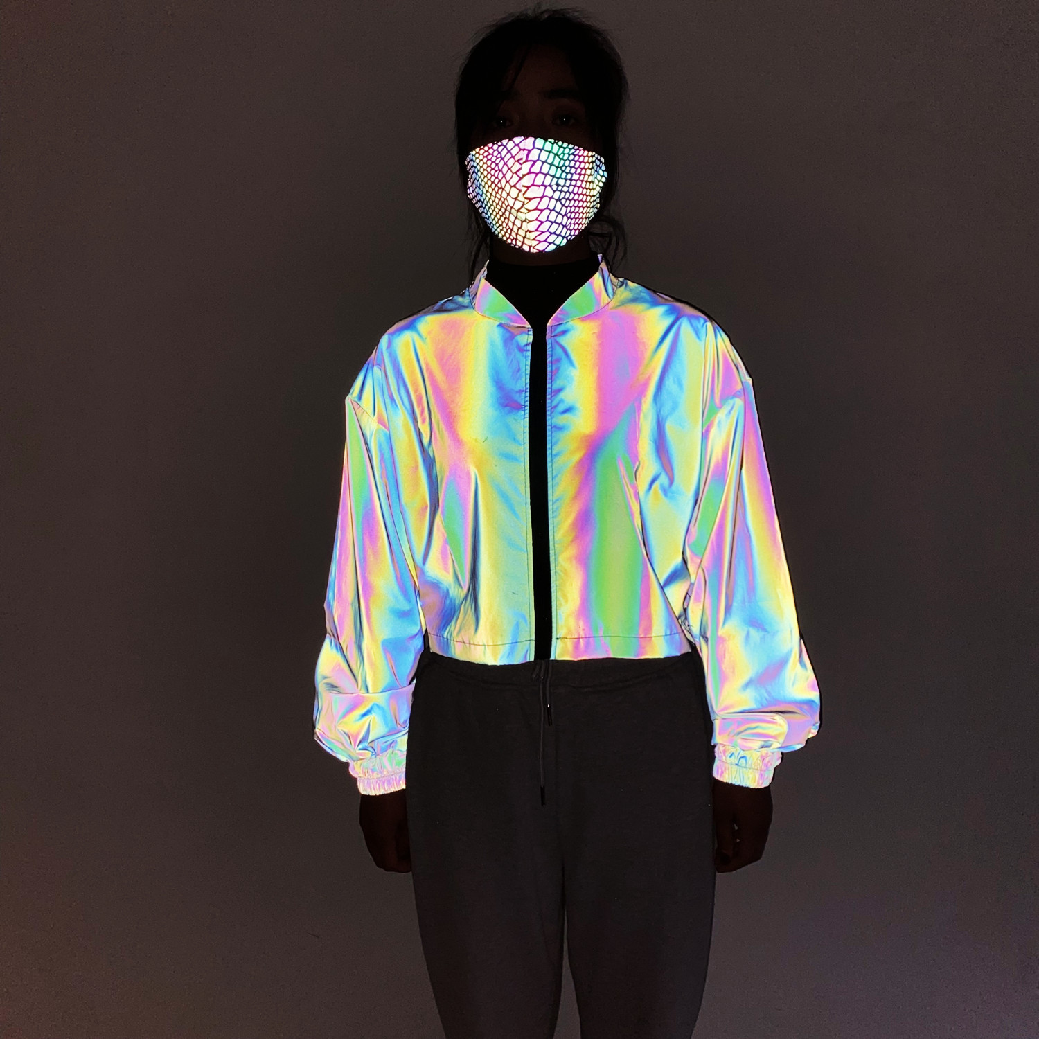 

Women' Jackets Europe And The United States Fashion Short Dazzling Reflective Coat Female Ins Loose Stand-Up Collar Short Jacket Large Size Women' Wear, As pic