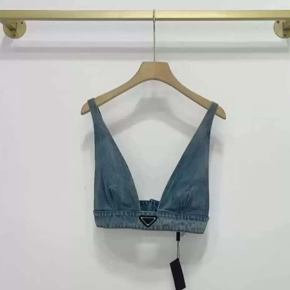 

Womens Designers T Shirts Underwear With Metal Triangle Badge Sexy Deep V Denim Sling Tube Tops Women Clothing, Sky blue