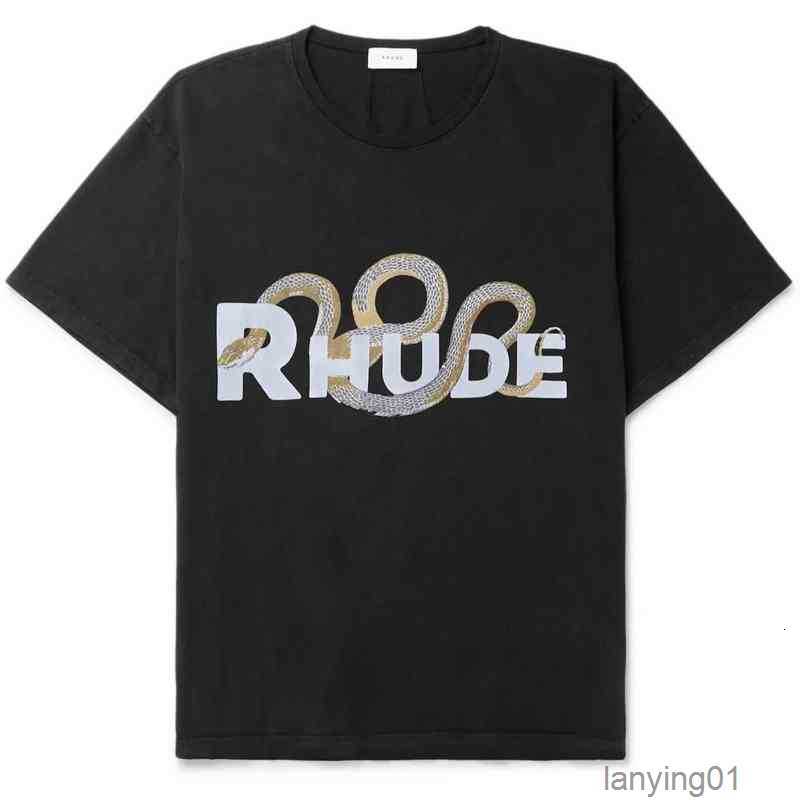 

Men Designer Cotton Rhude Retro Three-dimensional Snake Bone Print High Street Short-sleeved Round Casual T-shirts High-quality, Black