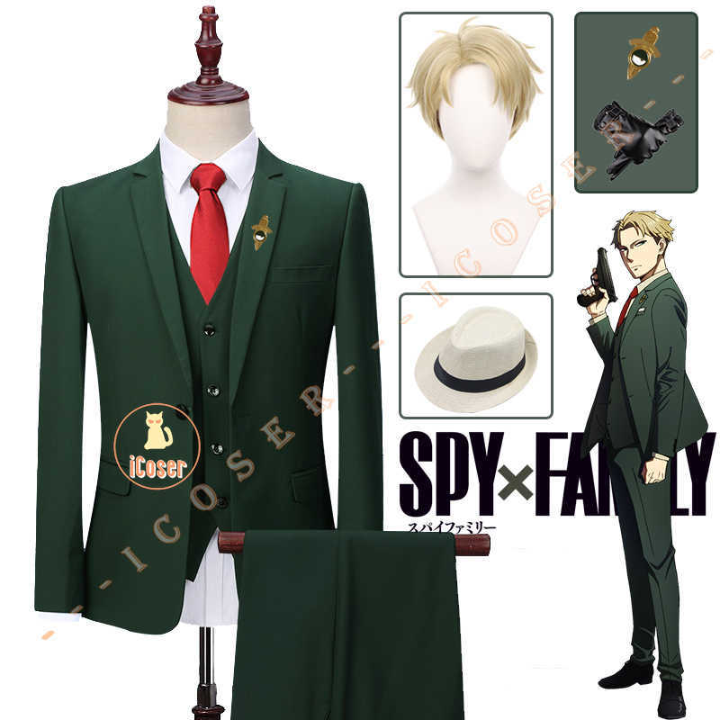 

Anime Costumes Anime Spy x Family Loid Forger Cosplay Comes Twilight Green Suit Brooch Wig Hat Pants Vest Gloves Outfit Set Men Boys Party Z0301