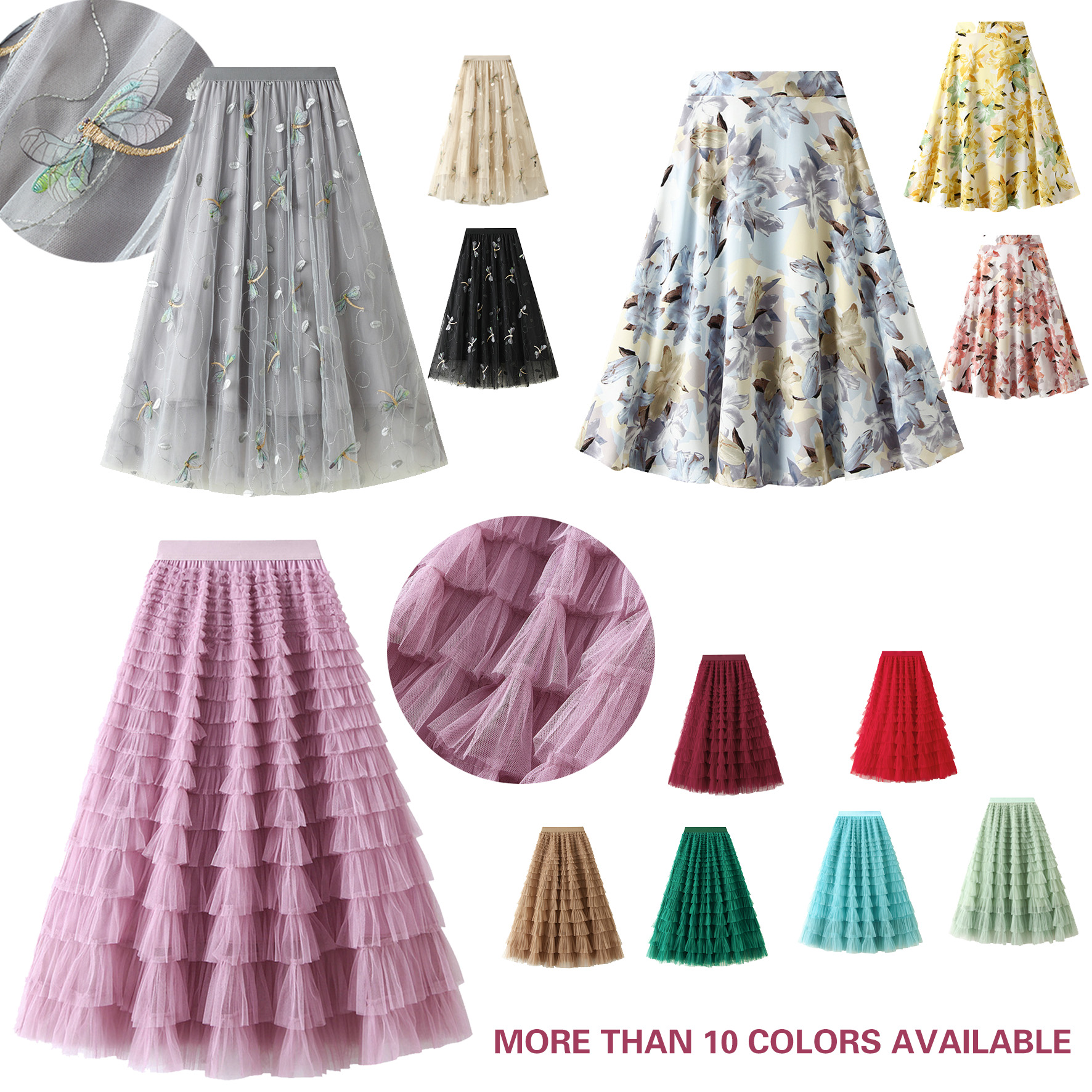 

Women Skirts Fashion Tiered Skirt Multi Colors Tutu Skirtt A Line Designed Dress With Floral Decoration Elastic Waist Plus Size Fit All Sizes, Extra shipping cost