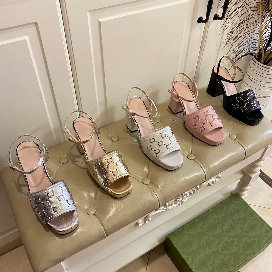 

Designer brand Interlocking studs sandal women mid-heel leather sandal made in Italy ankle buckle platform heels wedding pumps with original box size 35-41