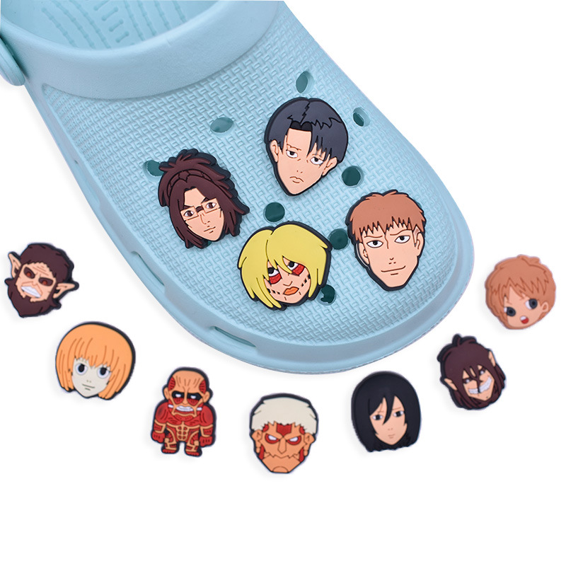 

Anime charms wholesale childhood memories Attack on Titan funny gift cartoon croc charms shoe accessories pvc decoration buckle soft rubber clog charms, Equally mixed colors