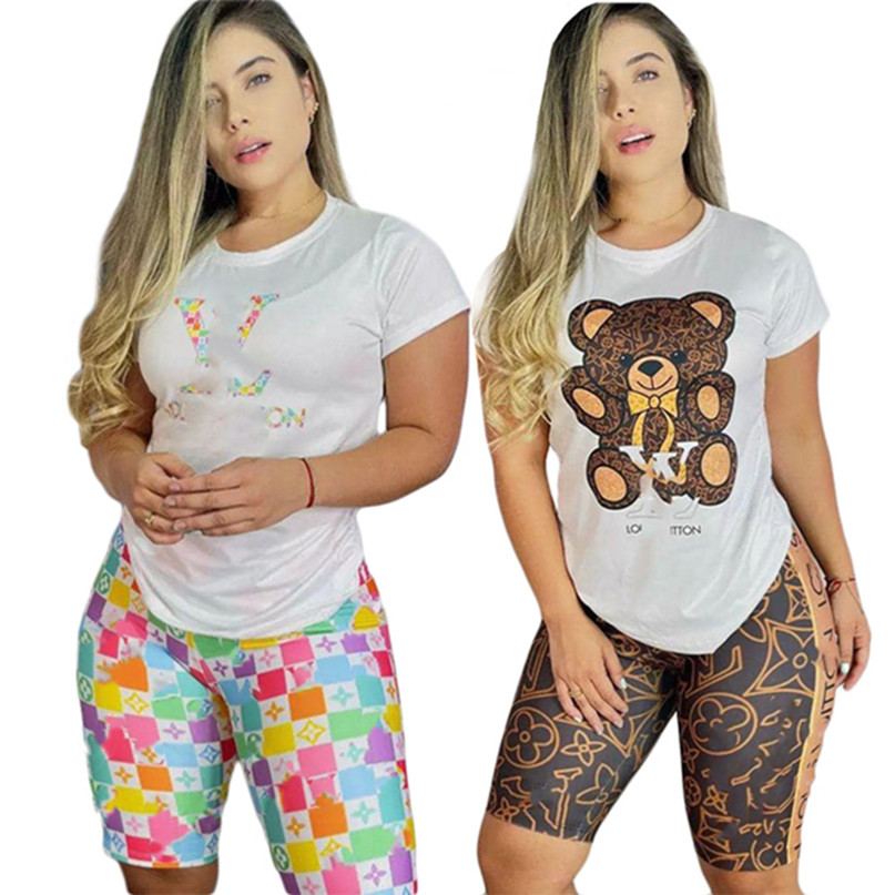 

2023 Designer jogging suits brand tracksuits summer women outfits two 2 pieces set Short sleeve T-shirt and print shorts Casual Sportswear Outwork Sweatsuit 9338-7, Mix color