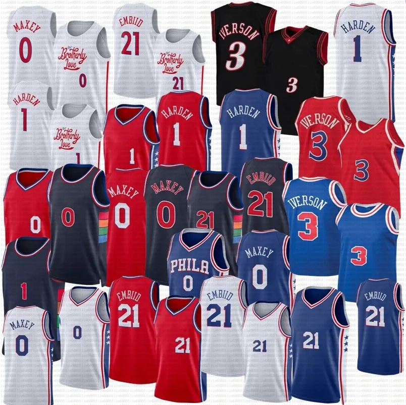 

James Harden Tyrese Maxey Joel Embiid Basketball Allen Iverson Jersey City White Edition Retro Shirt Blue Jerseys, Red