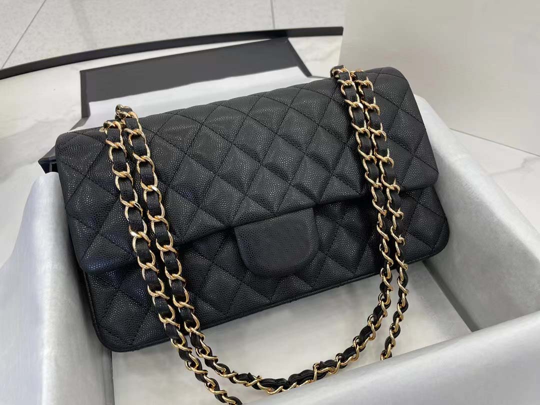 

10A Top Tier Quality Jumbo Double Flap Bag Luxury Designer 25CM Real Leather Caviar Lambskin Classic All Black Purse Quilted Handbag Shoulder Gold Bag Wallet On Chain, 25cm deep pink caviar