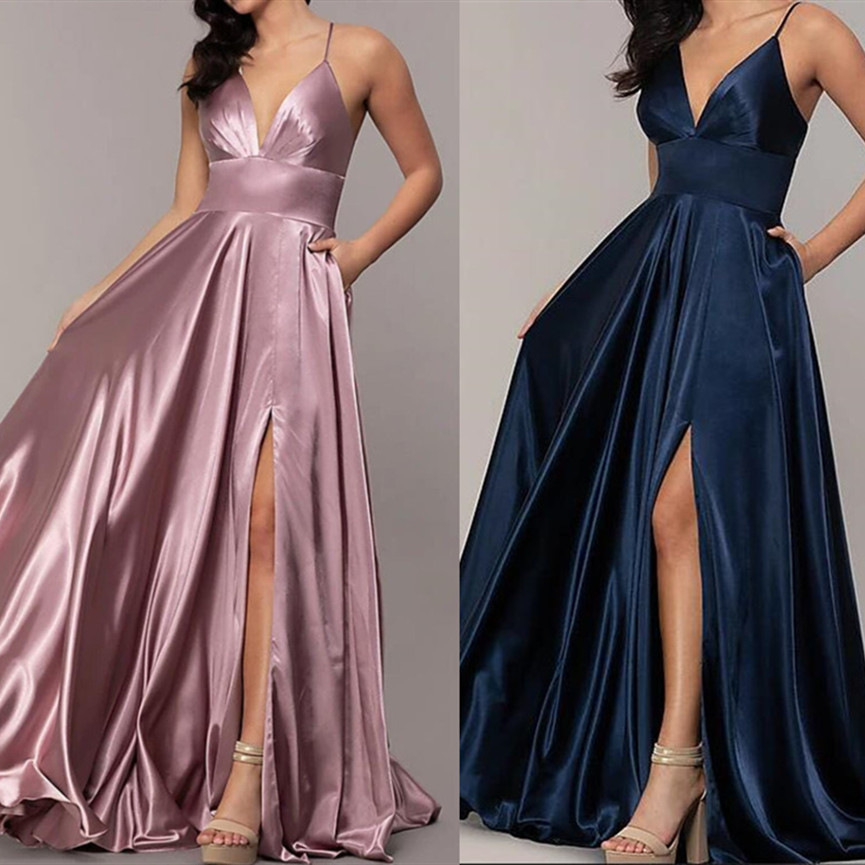 

Stunning Prom Dresses Long Split Party Gowns Backless Graduation Dress Evening Gowns Plunging V-Neck Custom Made, Red