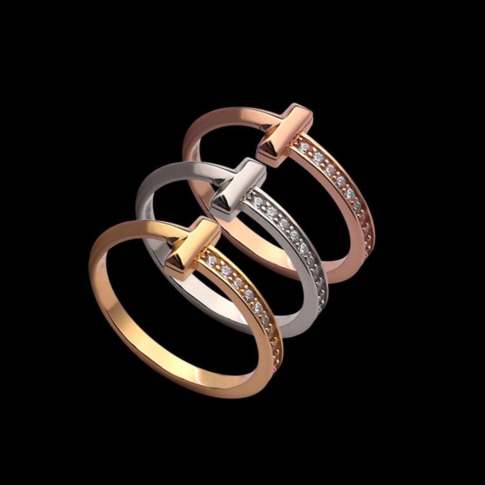 

Original design great 925 quality Luxury Design T1 series Jewelry Men Women Stainless Letter Rings with half crystal Lover fin223K