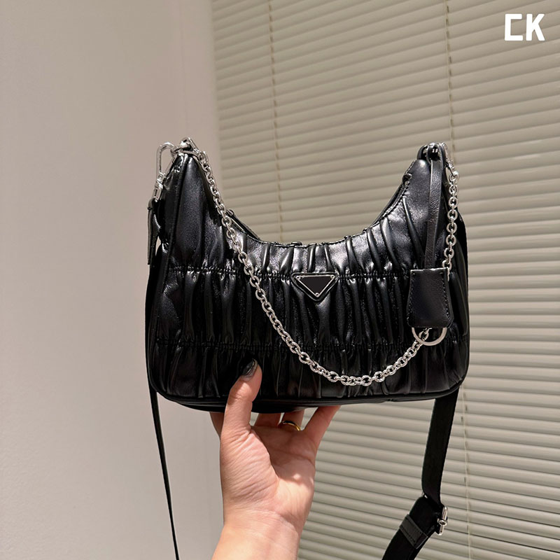 

2 In 1 Pleated Hobo Bag Crossbody Chain Bags Women Shoulder Handbags Mini Coin Purse Genuine Leather Removable Nylon Wide Strap Silver Hardware Pendant Tote Bags, Black