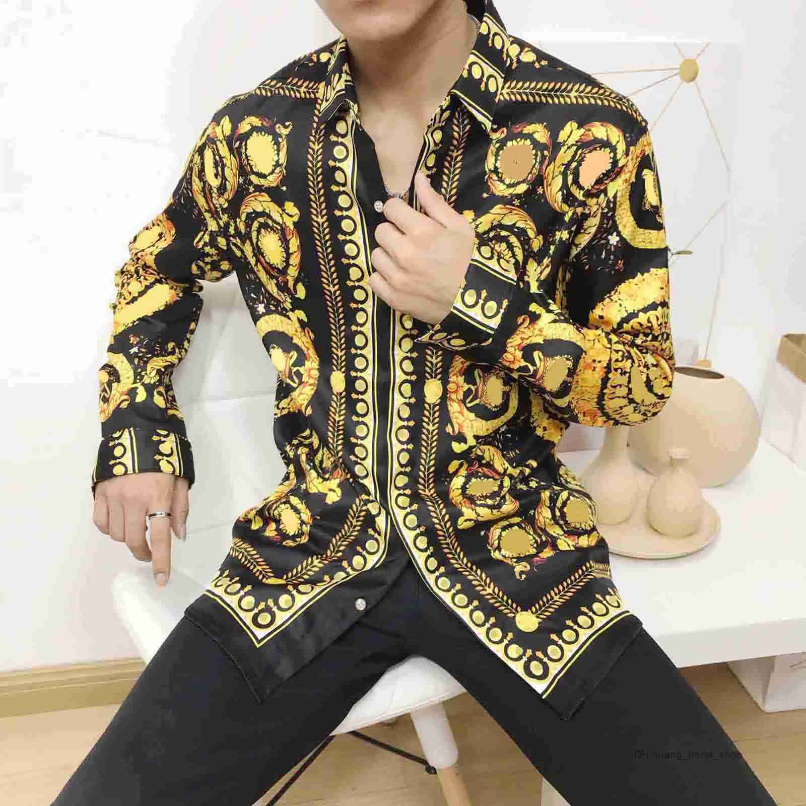 

Men's Casual Shirts 2021 Fashion Designer Slim Shirt for Men 3d Medusa Black Gold Floral Print Dress Long Sleeve Business8