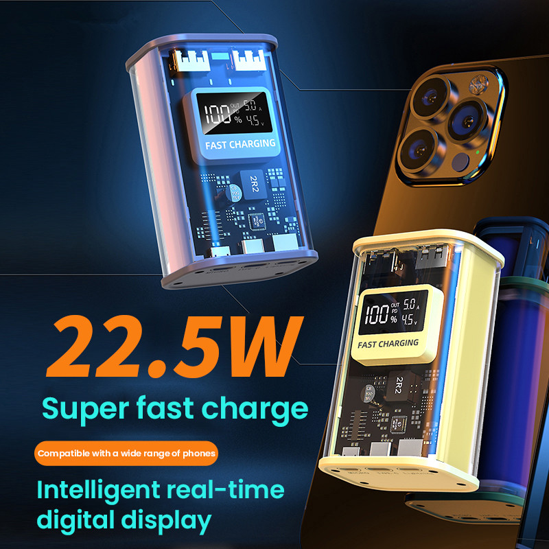 

20000mAh Transparent Fast Charging Power Bank 22.5W PD Portable External Spare Battery Pack for iPhone 14 13 Samsung S22 Xiaomi