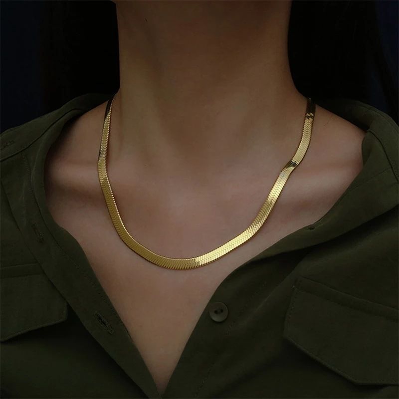

Sterling Gold 4MM Flat chain Necklace for Women Luxury Fine Jewelry wedding gift choker Clavicle Necklace