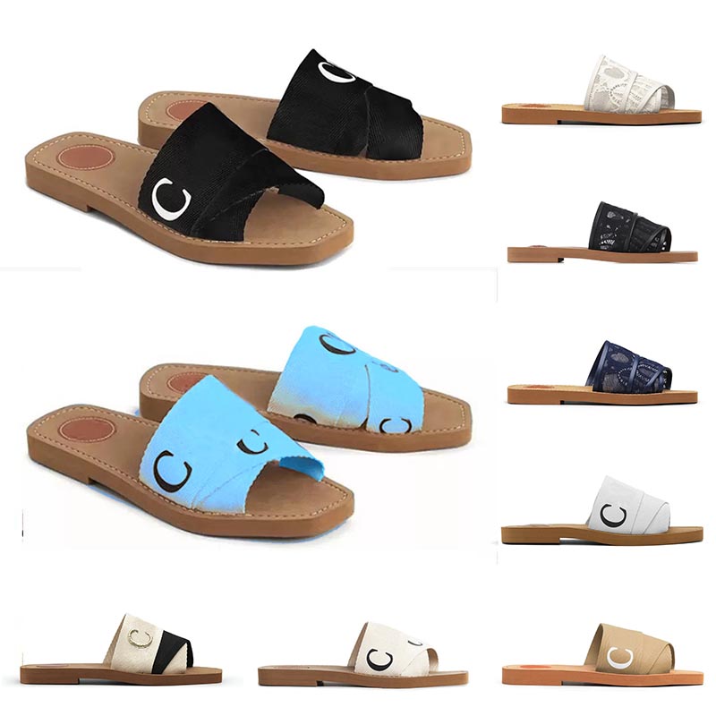 

2023 luxury Woody sandals for womens Mules flat slides size 35-42 Light tan beige white black pink blue lace Lettering canvas women summer outdoor slippers shoes, 1 (10)