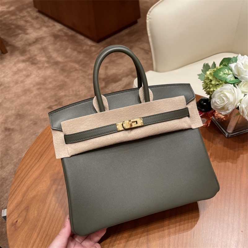 

h's leather bag birkins Home hand sewn birkin25 genuine leather portable women's hand, Grey green gold buckle