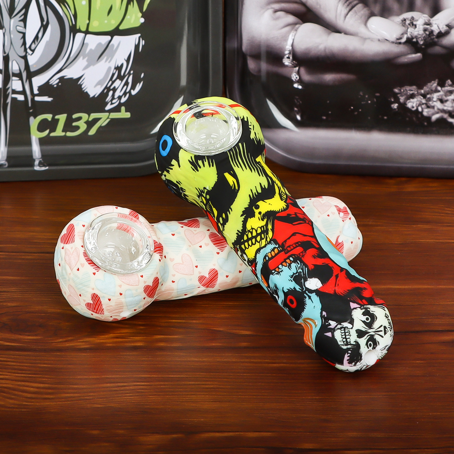 

Smoking Tobacco Pipe Water transfer printing silicone pipe with glass filter bowl multi-colored portable