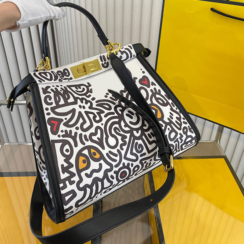 

33cm Graffiti Tote Bag Peeka Boo Women Large Crossbody Bags Shoulder Handbags Shopping Bags Purse Genuine Leather Twist Lock Detachable Inner Pouch Top Hanle Totes, Black