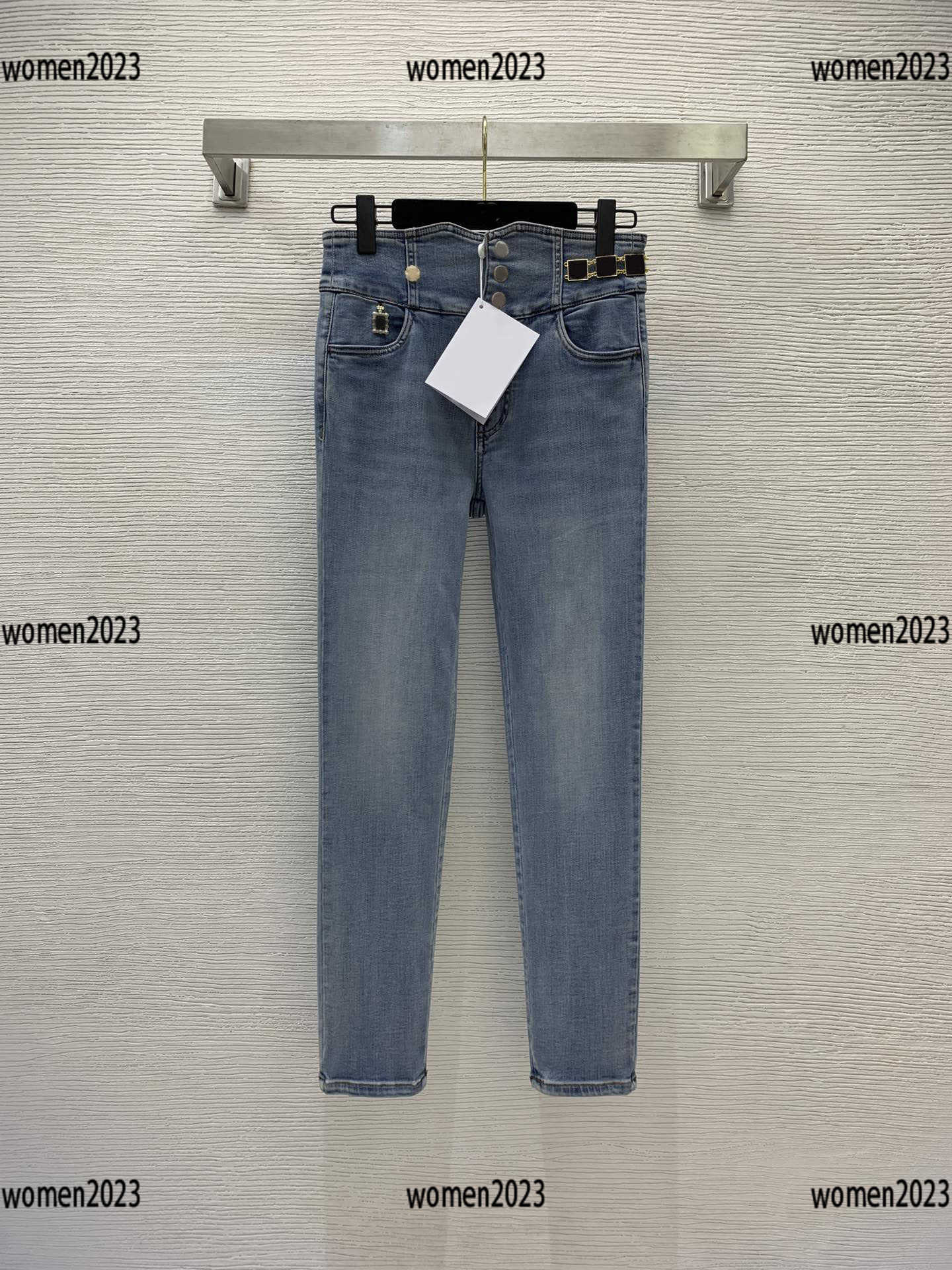 

women jeans lady trousers girl pants Size -30 Metal accessories Three button high waist design New Products fashion Mar06, Black