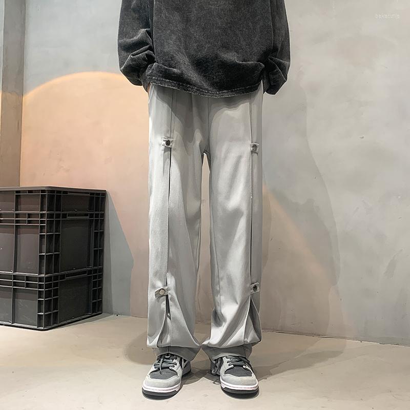 

Men' Pants Buttons Decor Pleated Front Trend Men Autumn Spring Chic Ins Male American Retro Y2K Safari Hip Hop Boy Trousers, Black
