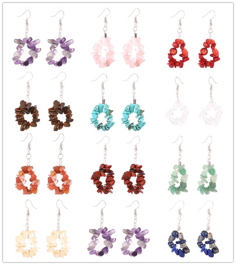 

Natural Stone Hoop Charms Earrings Reiki Healing Rubble Lapis Lazuli Tiger's Eye Pink Quartz Chakra Crystal Earring